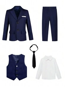 SHEIN Conjunto de 5 piezas de traje de alta gama para niños jóvenes: chaqueta + chaleco + pantalones + camisa + corbata, apto para cumpleaños, boda, invitado de boda, pajecito, niño de las argollas
