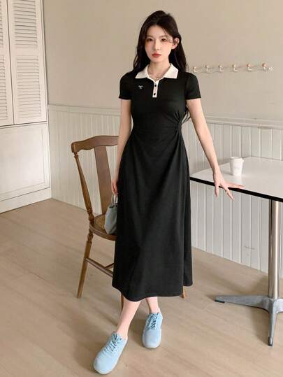 DAZY Women's Polo Collar Color Block Casual Short Sleeve Mid-Length Dress Sundress