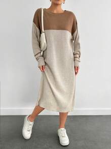 EURMUSE Women Solid Color Patchwork Round Neck Long Sleeve Casual Dress - Khaki - View 4