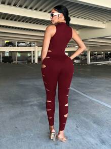 SHEIN SXY 女士无袖镂空黑色圆领连体裤 - 酒紅色 - 查看 2