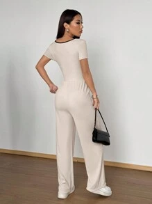 Flirla Bộ đồ liền thân cổ trang trí nơ khối màu cho nữ kèm quần ống rộng, trang phục tay ngắn đa năng thường ngày - Màu be - Xem 2