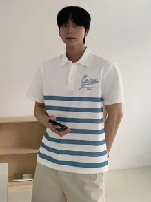 DAZY Summer Men's Abstract Letter Printed Striped Polo Shirt - Blue and White - View 10