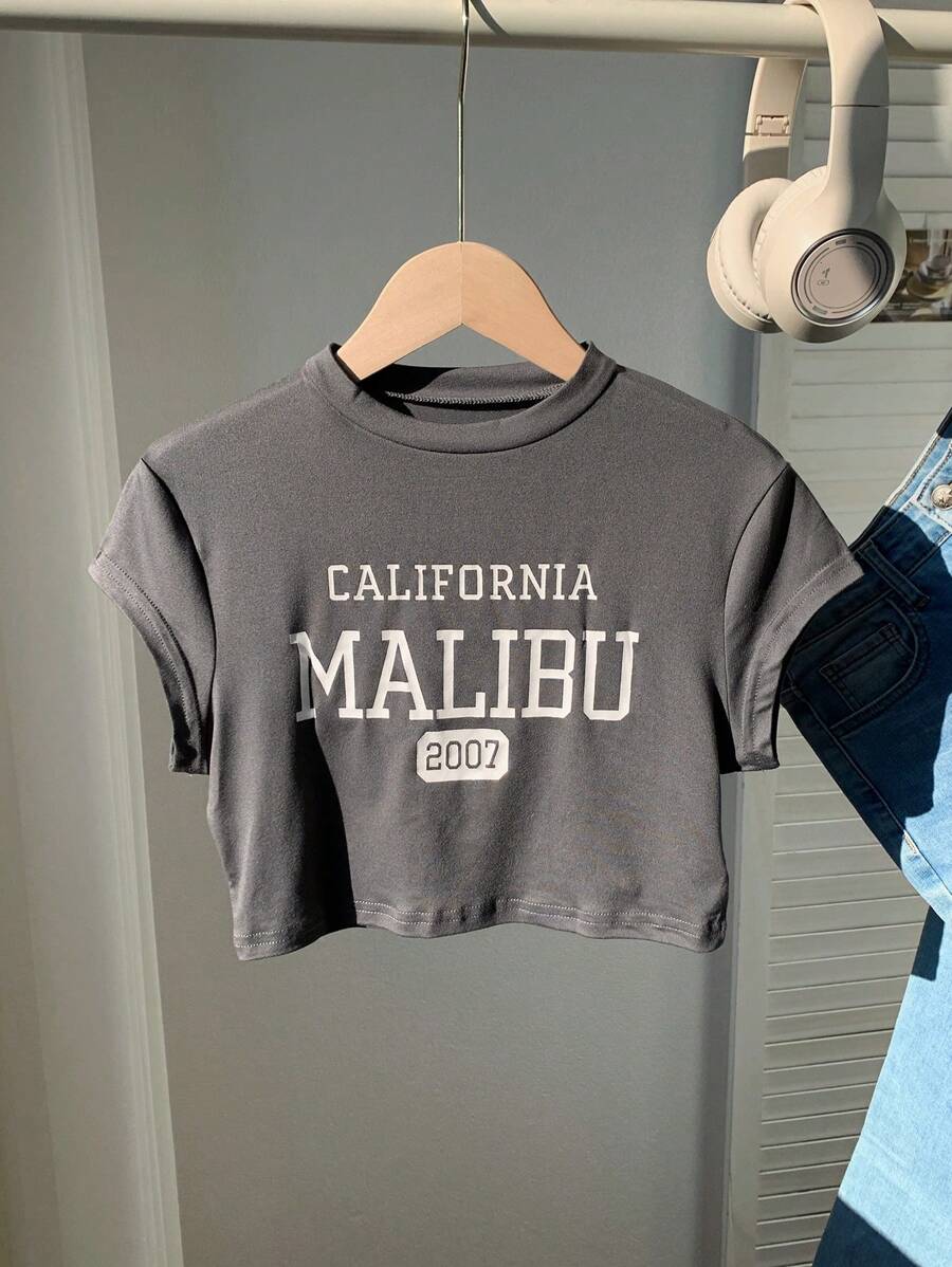 Comfortcana 夏季休闲字母印花圆领短款T恤 - 深灰色 - 查看 1