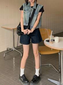 DAZY Women's Rhinestone Frayed Sleeveless Denim Vest And Jacket - Light Wash - View 4