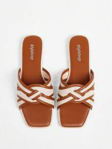 Styleloop 全新户外女士平底凉鞋，编织休闲方头平底一脚蹬拖鞋，驼色厚底百搭鞋 - 駝色 - 查看 4