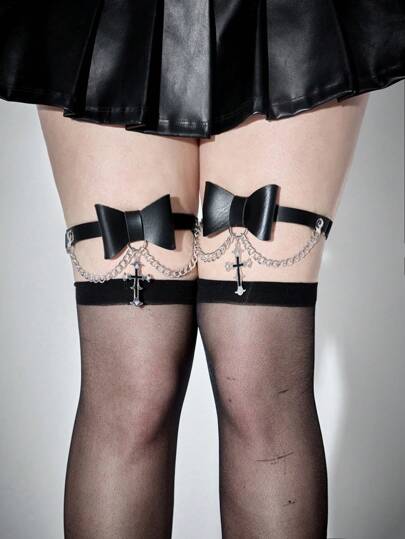 Kawaii Set di 2 pezzi di accessori da donna in stile punk con catena e fiocco per avvolgere la gamba, accessori da vestito versatili per uso quotidiano