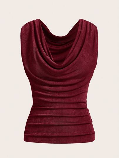 SHEIN ICON Fashionable Solid Color Ruffled Neck Shirred Slim Fit Tank Top