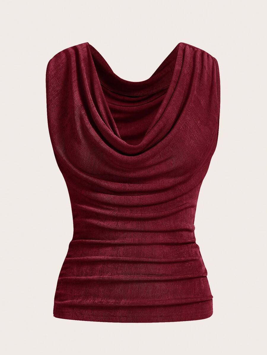 SHEIN ICON Fashionable Solid Color Ruffled Neck Shirred Slim Fit Tank Top - Burgundy - View 1