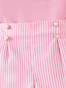 Elladie kids 2 件套年轻女孩针织罗纹不对称花卉印花上衣和带珍珠纽扣的罗纹短裤，可爱休闲夏装 - 粉色 - 查看 3