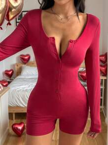 SHEIN Unity 女士半开前扣领长袖短款连体裤，时尚简约休闲百搭日常穿着，春秋季