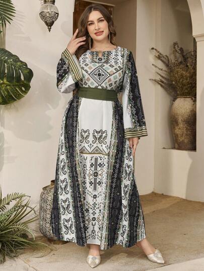 Al Najma Women Position Retro Printing Crew Neck Split Long Sleeve Tie Waist Slim Casual Plus Size Arabian Dresses,Modest