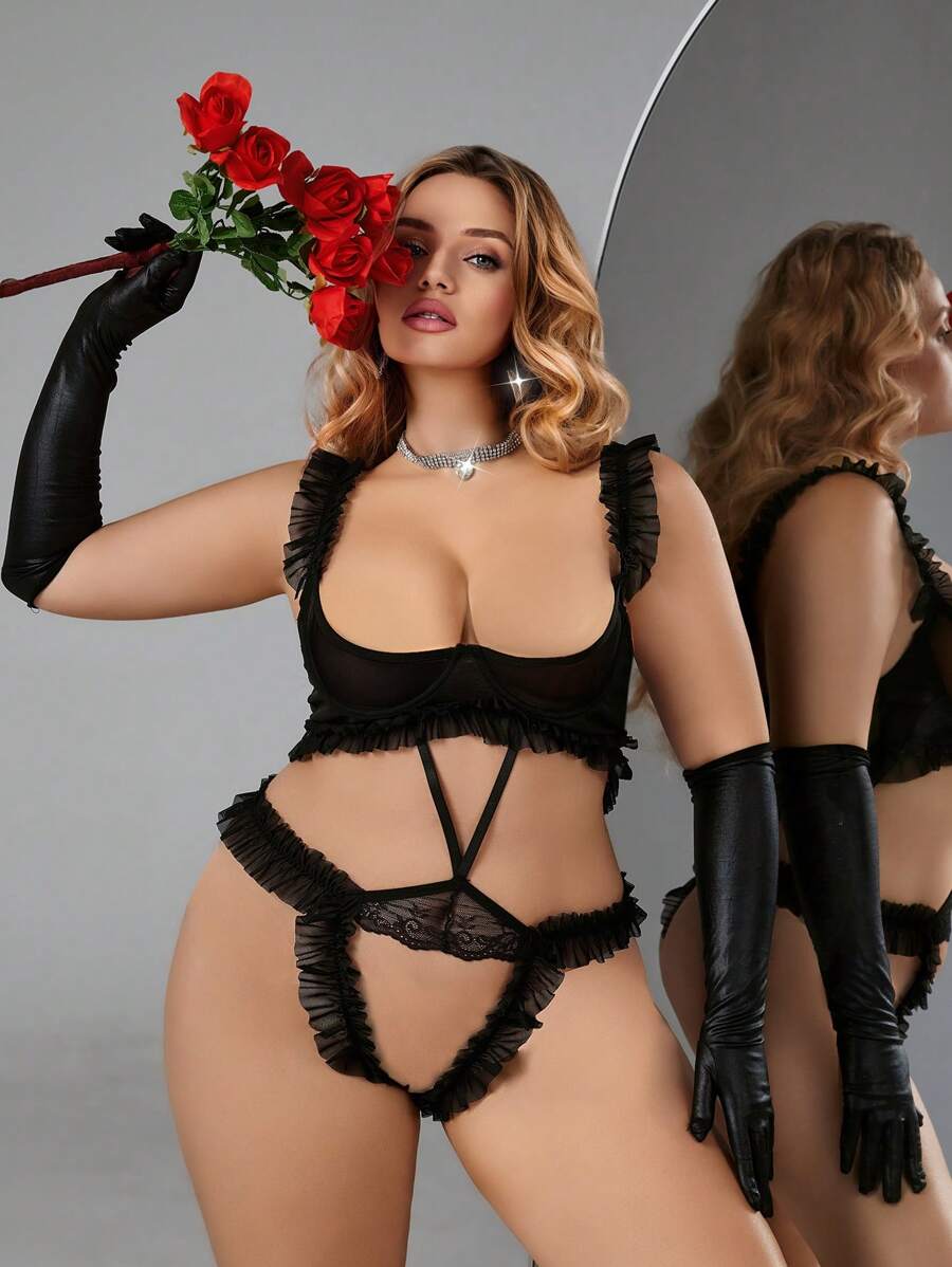Plus Size Sexy Floral Lace Ruffle Edge Cupless Teddy Lingerie, Ultra Sexy For Valentine's Day