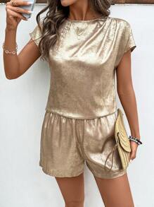 Breezaya Women Metal Feel Pleated Short Sleeve Shorts 2 Pieces Set, Holiday Leisure Wear