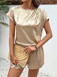 Breezaya Women Metal Feel Pleated Short Sleeve Shorts 2 Pieces Set, Holiday Leisure Wear