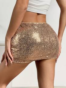 SHEIN EZwear Women's Mini Champagne Sequin Embellished Skirt For Party - Champagne - View 2