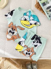 Set van 2 stuks met casual, comfortabele, stijlvolle T-shirts en shorts voor jongens met groot konijnenpatroon, geschikt voor het voorjaar en de zomer.