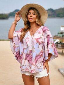 SHEIN VCAY 大码波西米亚风大理石印花蝙蝠袖衬衫，适合夏季