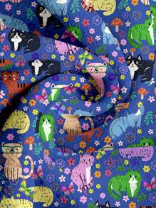 PopScrub Women's Cute Cartoon Cat Print Scrub Uniform Top