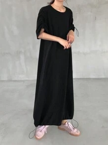 FRIFUL Women's Casual Drawstring Shoulder Decorative Hem Comfortable Versatile Sleeveless Midi Dress, Street Style Sundress