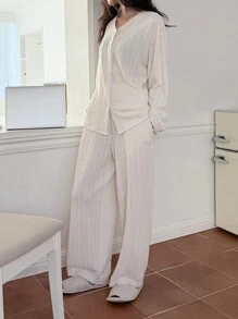 DAZY Soft Knit Jacquard & Lace Trim Loose Pajamas Set - Beige - View 4