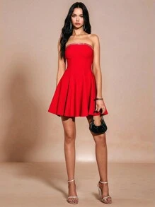 Poéselle Vestido mini rojo, vestido sin tirantes, vestido de línea A, burdeos, Día de San Valentín, atuendo de verano para mujer, vestidos elegantes para mujer, vestido mini elegante de mujer con decoración de rhinestones, adecuado para uso diario, citas, fiestas de cumpleaños, banquetes, invitados y otras ocasiones