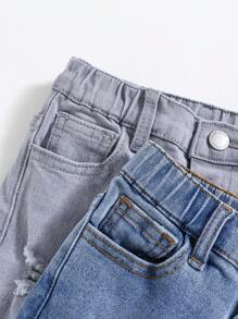 SHEIN 年轻男孩 2 件休闲时尚简约时尚舒适浅蓝色和深蓝色牛仔弹力男孩牛仔裤，适合狂欢装扮节日和日常穿着 - 彩色 - 查看 4