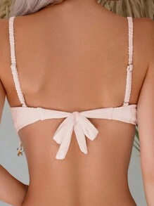 Women's Solid Color Textured Fabric Gathered Conch Decor Ribbon Drawstring Bikini Set For Summer Beach Vacation - Apricot - View 3