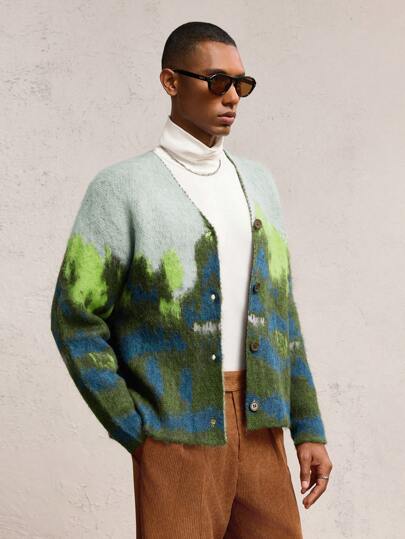 AKNOTIC Party 男士宽松落肩前开针织开衫，适合秋冬季日常穿着