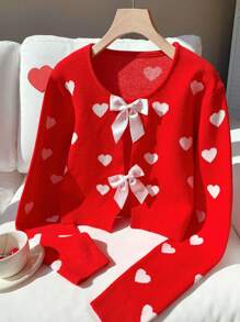 Comfortcana Women's Heart Pattern Bow Decor Thin Cardigan - Red - View 3