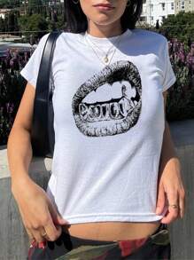 SHEIN EZwear Áo thun họa tiết Grillz, Áo thun dài tay trẻ em Y2K, Quần áo thời trang vẽ tay, Áo thun phong cách đường phố sành điệu cho nữ, Áo thun nữ AHS Apparel cổ điển sang trọng - trắng - Xem 1
