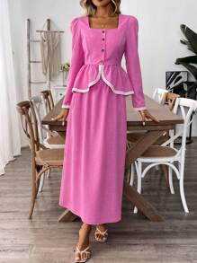 SHEIN Clasi Women Square Neck Long Sleeve Top And A-Line Skirt, 2 Pieces Set, Casual & Fashionable For Everyday Wear