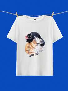 Blind Somnium 艺术家白色休闲圆领短袖卡通猫印花修身女式 T 恤，适合春夏季 - 白色 - 查看 6