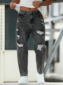 Manfinity Roughcore Quần Jeans Nam Túi Xiên Rách Dáng Rộng - Màu xám đen - Xem 3