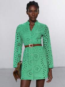 Aveloria Modichic Đầm ngắn chữ A tay dài thêu nút màu xanh lá cây thanh lịch, rộng rãi, cổ điển, thanh lịch cho kỳ nghỉ dành cho nữ - màu xanh lá - Xem 4