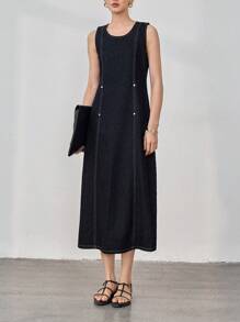 Dazy-Less 休闲商务简约3D立体剪裁腰部无袖牛仔连衣裙，女士长款连衣裙 - 黑色 - 查看 4