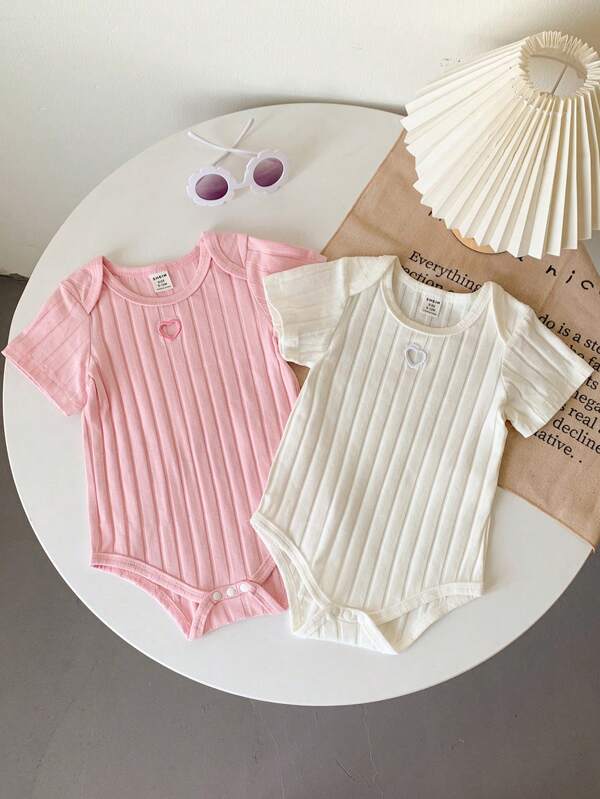 SHEIN Vintaside Kids 2pcs/Set Baby Girls Infant, 0-2 Years Old, New, Cute, Fancy, Sweet, Basic, Minimalist, Heart Hollow, Chunky Rib Knit, White & Pink, Short Sleeve, Bodysuit & Bodysuit Set