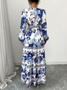 Elenzga Đầm dài tay đèn lồng in họa tiết hoa giản dị cho kỳ nghỉ của phụ nữ - Nhiều màu - Xem 2