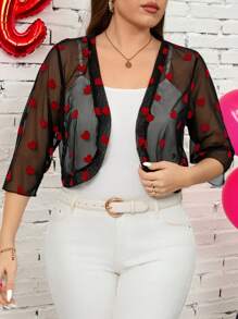 SHEIN Clasi Große Größen Damen Herz-Mesh 3/4 Arm offene Vorderseite kurze Jacke