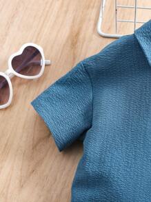 SHEIN Baby Girls Blue Short Sleeve Shirt & Elastic Waist Pants 2 Pieces Outfit, Spring/Summer - Blue - View 3