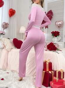 French Elegant Color Blocking Women Pink Pajamas Set - Burgundy - View 2