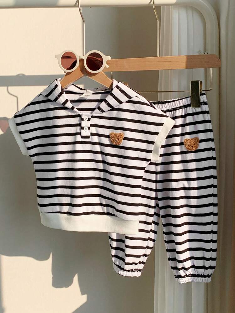 SHEIN Leap Crew Baby Boys Cartoon Bear Print Striped Hoodie And Elastic Waist Drawstring Pants 2 Pieces Set, For Baby Boys And Girls - Black and White - View 4