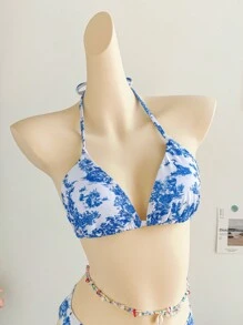 Soleia Swim Suits For Women,Summer Outfits For Women,Boho,Bikini Set,Beachwear,Vacation Outfits Woman,Beach Outfits For Woman,3 Piece Set - Women's V-Neck Halter Tied Wrap Cover Up Skirt & Bikini Set With Floral, Linear & Architecture Print, Suitable For Vacation, For Summer Beach - Blue and White - View 6