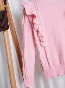 Women Fashion Elegant Cable Knit Ruffle Trim Crew Neck Pullover Warm Sweater Knit Pullover Fall Winter - Pink - View 3