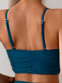 Swim Lushoire Summer Women's Plain Ruffled Tankini Set - Teal Blue - View 5