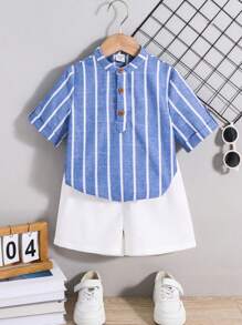 SHEIN Set de 2 piezas de camisa con cuello de media cremallera a rayas y pantalones cortos holgados para niño pequeño, adecuado para primavera/verano: jardín, playa, cumpleaños, interior, exterior, diario, deportes, juegos, fiesta, fotografía, vacaciones, festival, boda, baby shower