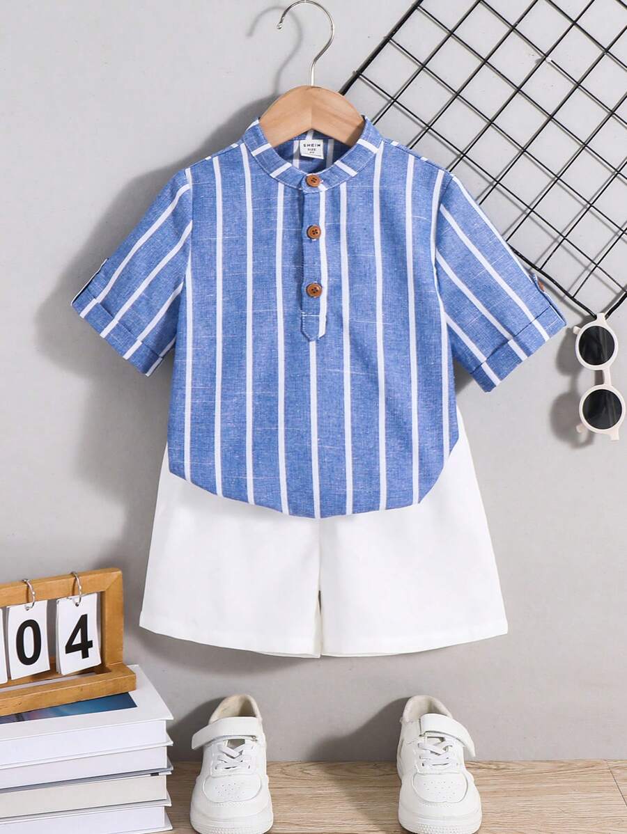 SHEIN Set de 2 piezas de camisa con cuello de media cremallera a rayas y pantalones cortos holgados para niño pequeño, adecuado para primavera/verano: jardín, playa, cumpleaños, interior, exterior, diario, deportes, juegos, fiesta, fotografía, vacaciones, festival, boda, baby shower