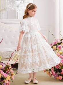 SHEIN فستان أميرة أنيق من القماش المنسوج بالتطريز والدانتيل المطرز ذو كم فلير ضيق الخصر، مناسب للزفاف والحفلات والكروم وعيد الحب وحفلات الربيع و للبنات المراهقات