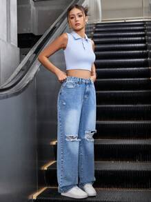 2pcs Teenage Girls Sleeveless Collared Crop Top & Straight Leg Ripped Jeans, Excluding Accessories - Blue - View 6