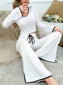 2pcs Women Contrasting Ribbed Homewear Set - Crop Top And Pants - White - View 3