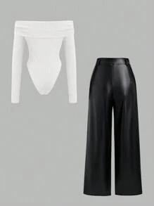 Sweetra 2件套露肩长袖紧身衣和PU皮革休闲裤 - 彩色 - 查看 2